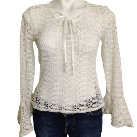 Rampage Crocheted Lace Keyhole Tie Bell Sleeve Blouse EUC sz S - Picture 1 of 14